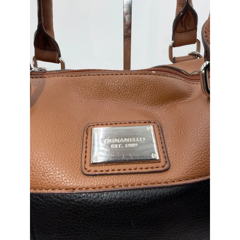Tignanello Leather Satchel Handbag Brown Black Two Tone Pebbled Zip Top Bag